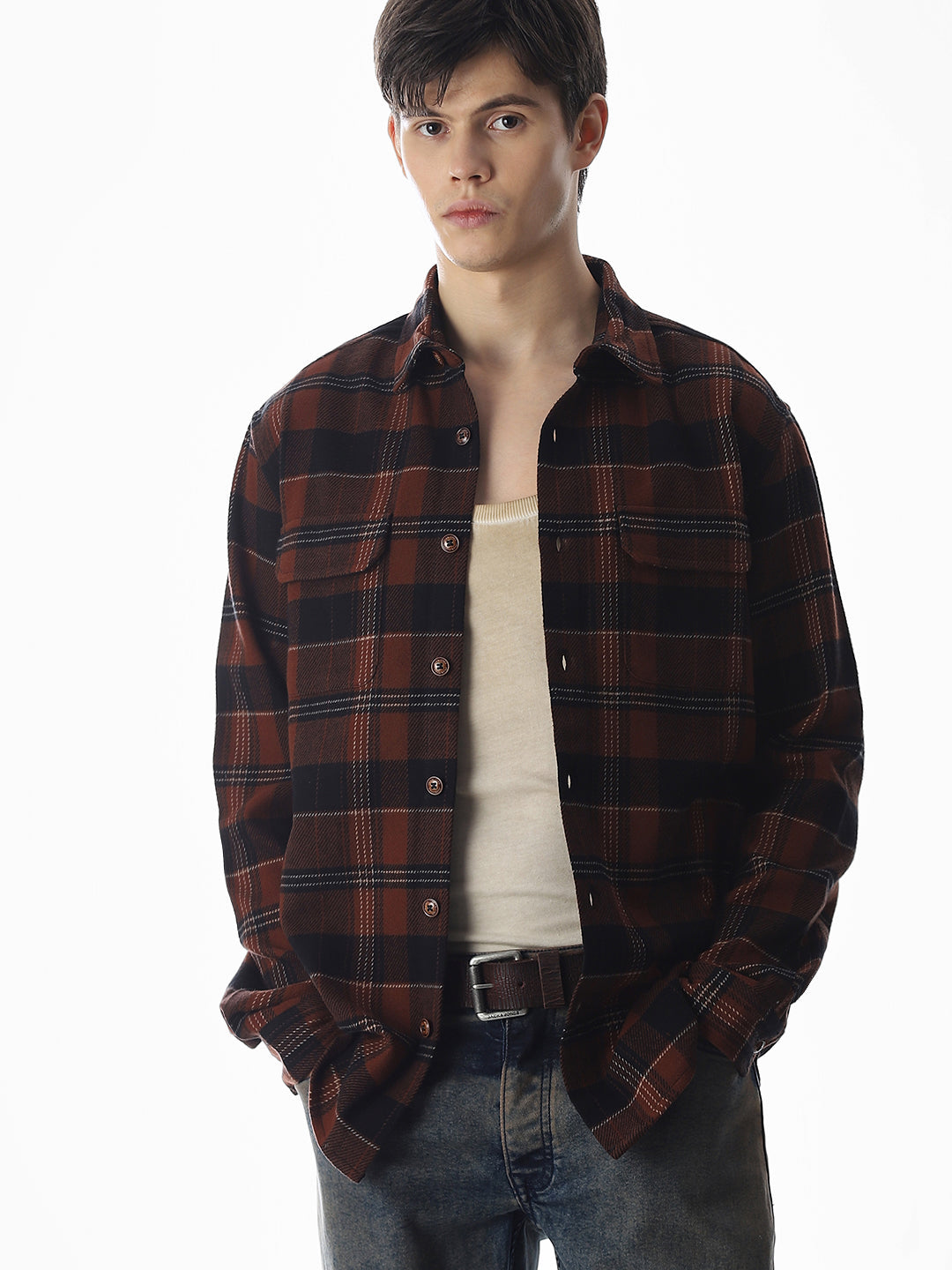 Ginger Brown Check Cotton Shirt - XXL