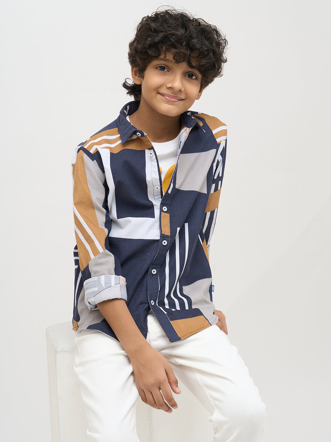 Boys Blue Printed Cotton Shirt