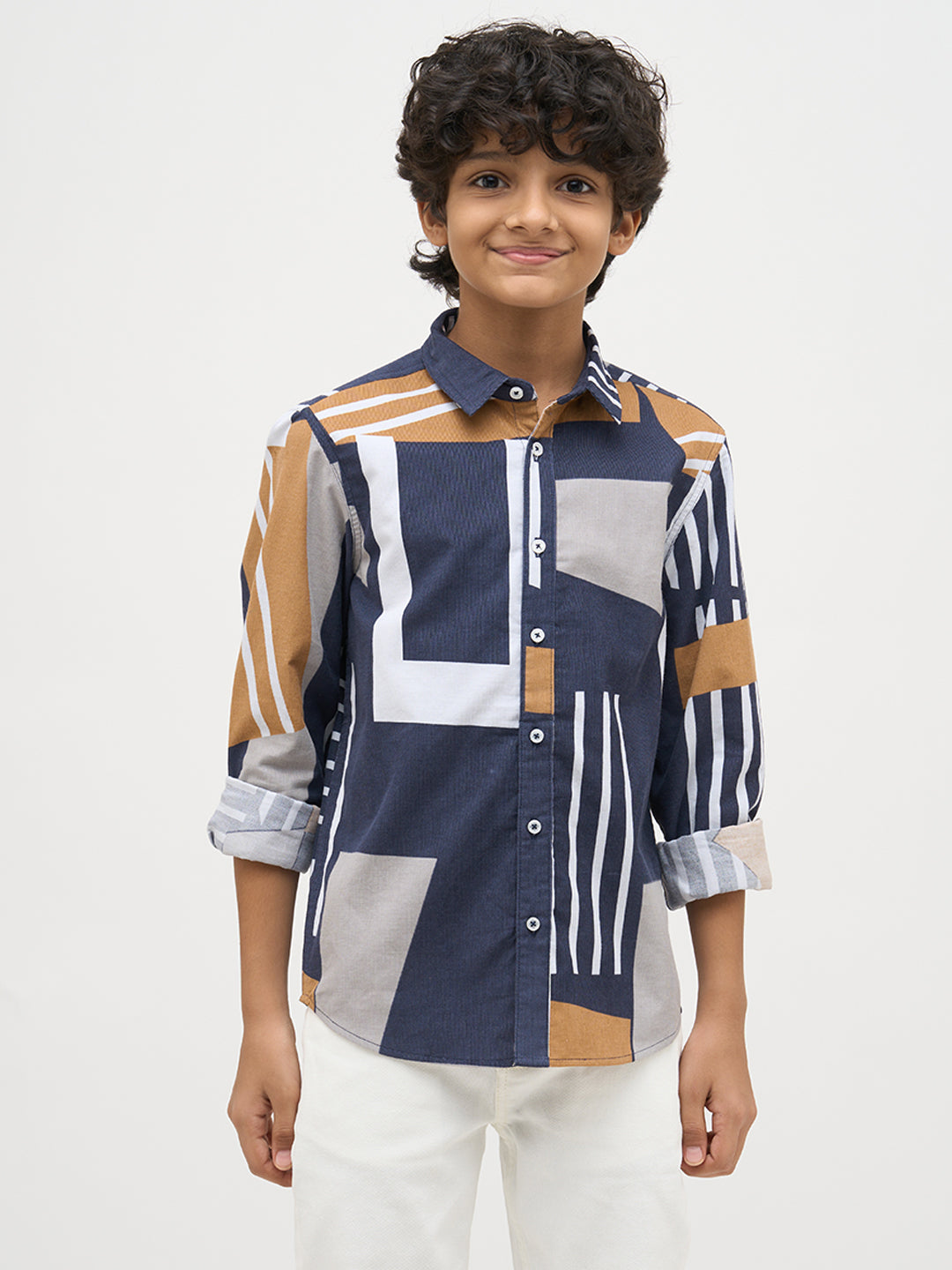Boys Blue Printed Cotton Shirt