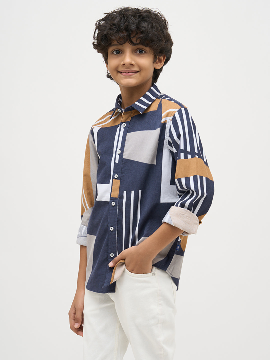 Boys Blue Printed Cotton Shirt