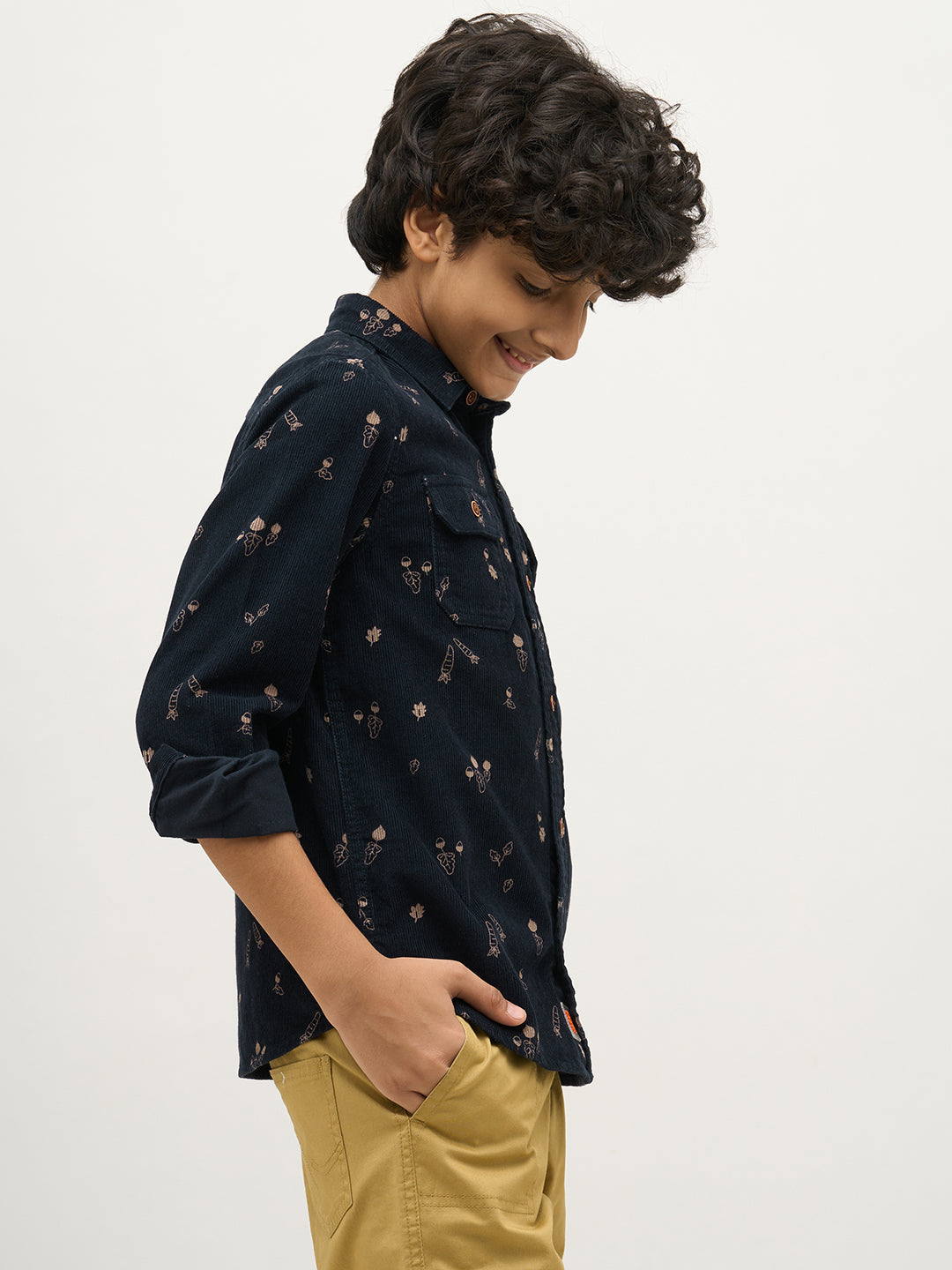Boys Dark Blue Corduroy Printed Shirt