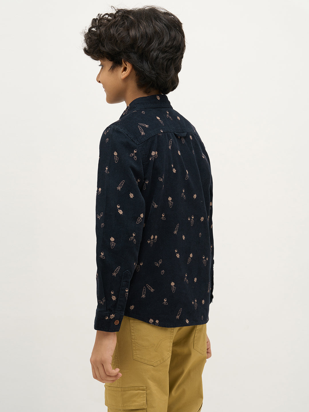 Boys Dark Blue Corduroy Printed Shirt