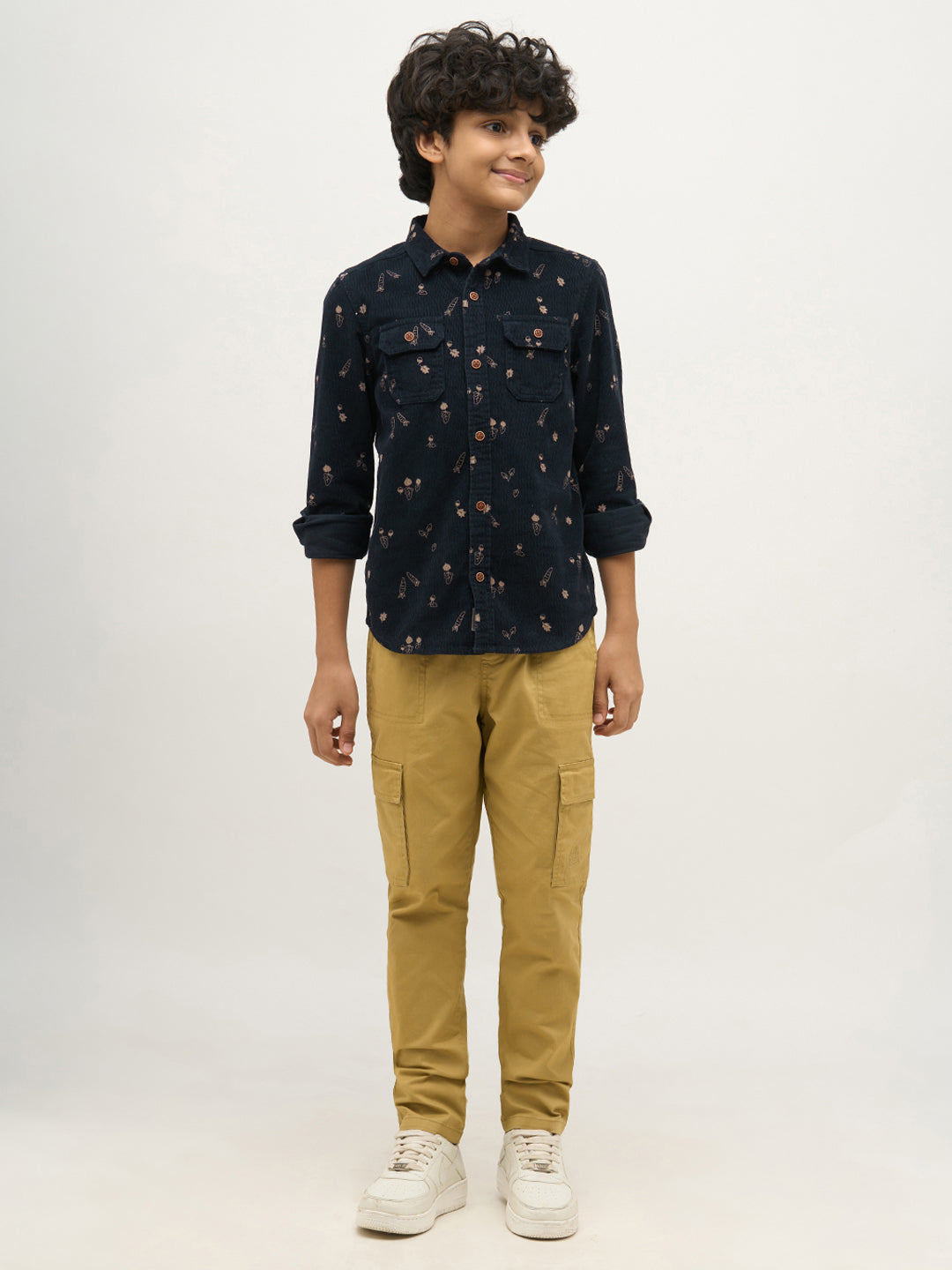 Boys Dark Blue Corduroy Printed Shirt