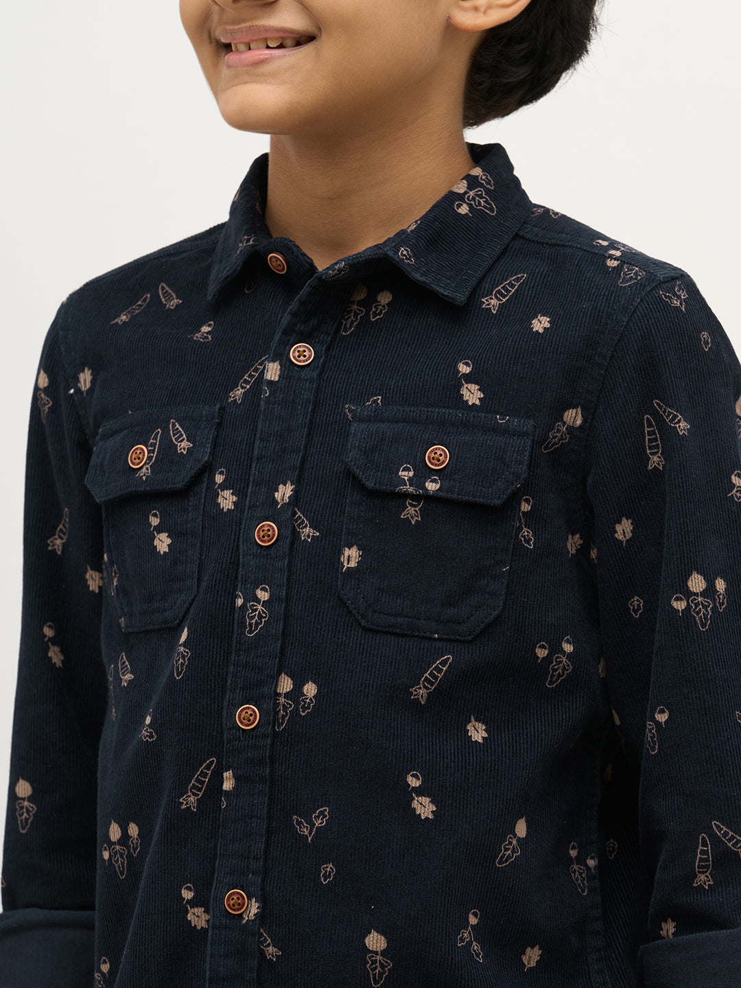 Boys Dark Blue Corduroy Printed Shirt