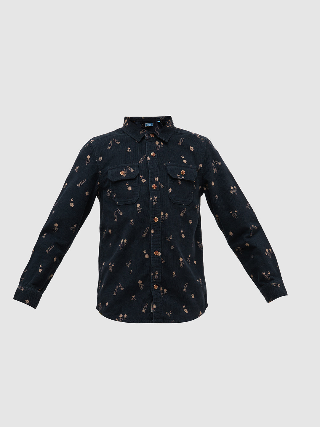 Boys Dark Blue Corduroy Printed Shirt