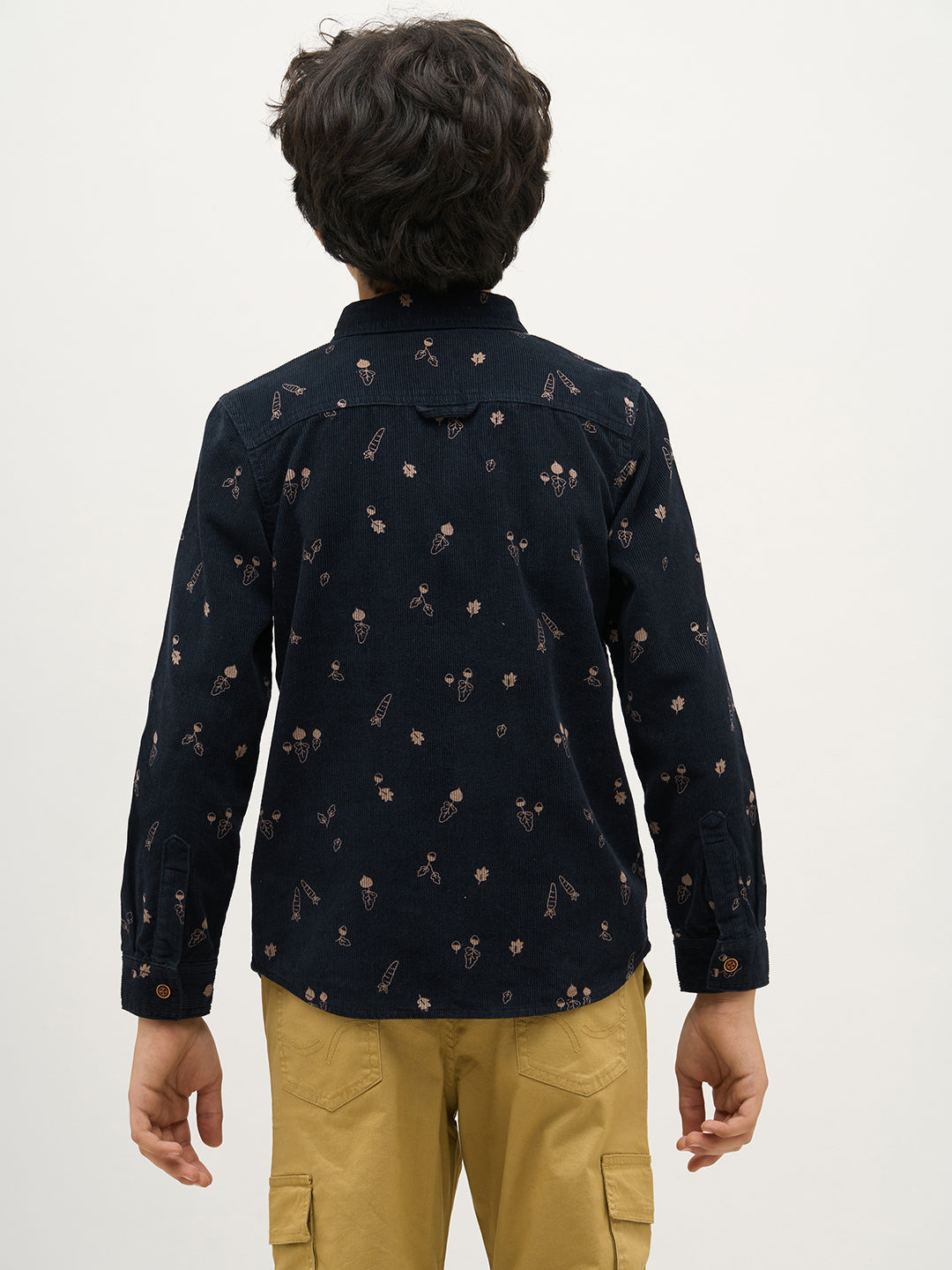 Boys Dark Blue Corduroy Printed Shirt