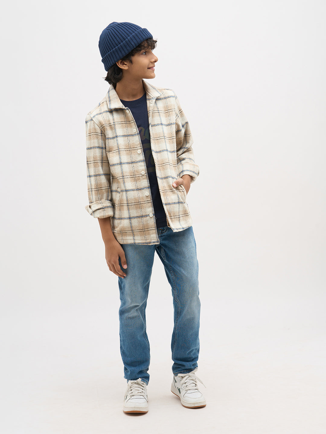 Boys Cotton Checked Shacket Shirt In Beige With Long Sleeves
