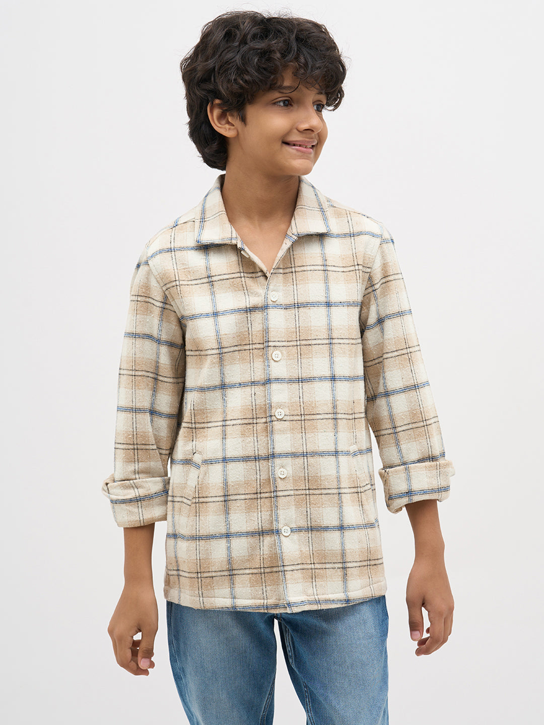 Boys Cotton Checked Shacket Shirt In Beige With Long Sleeves