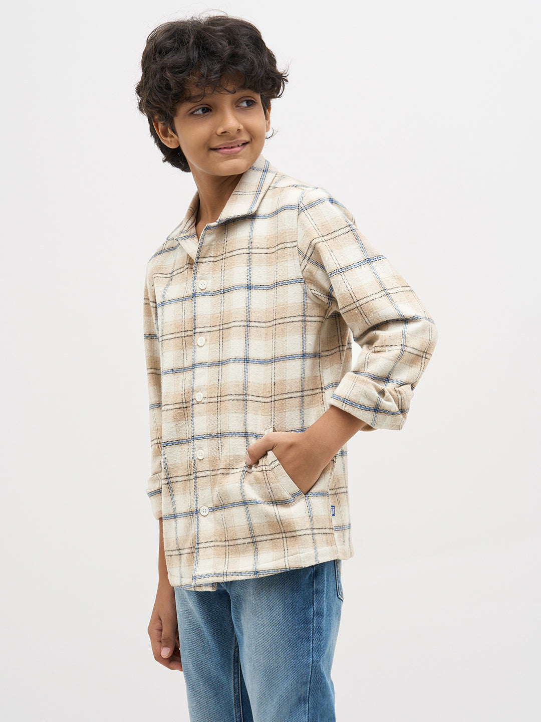 Boys Cotton Checked Shacket Shirt In Beige With Long Sleeves