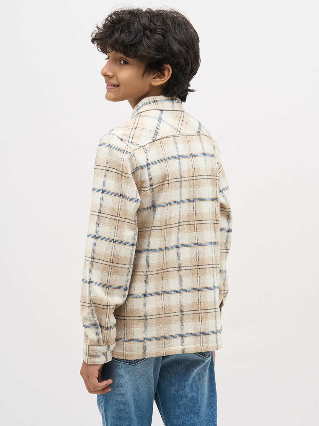Boys Cotton Checked Shacket Shirt In Beige With Long Sleeves