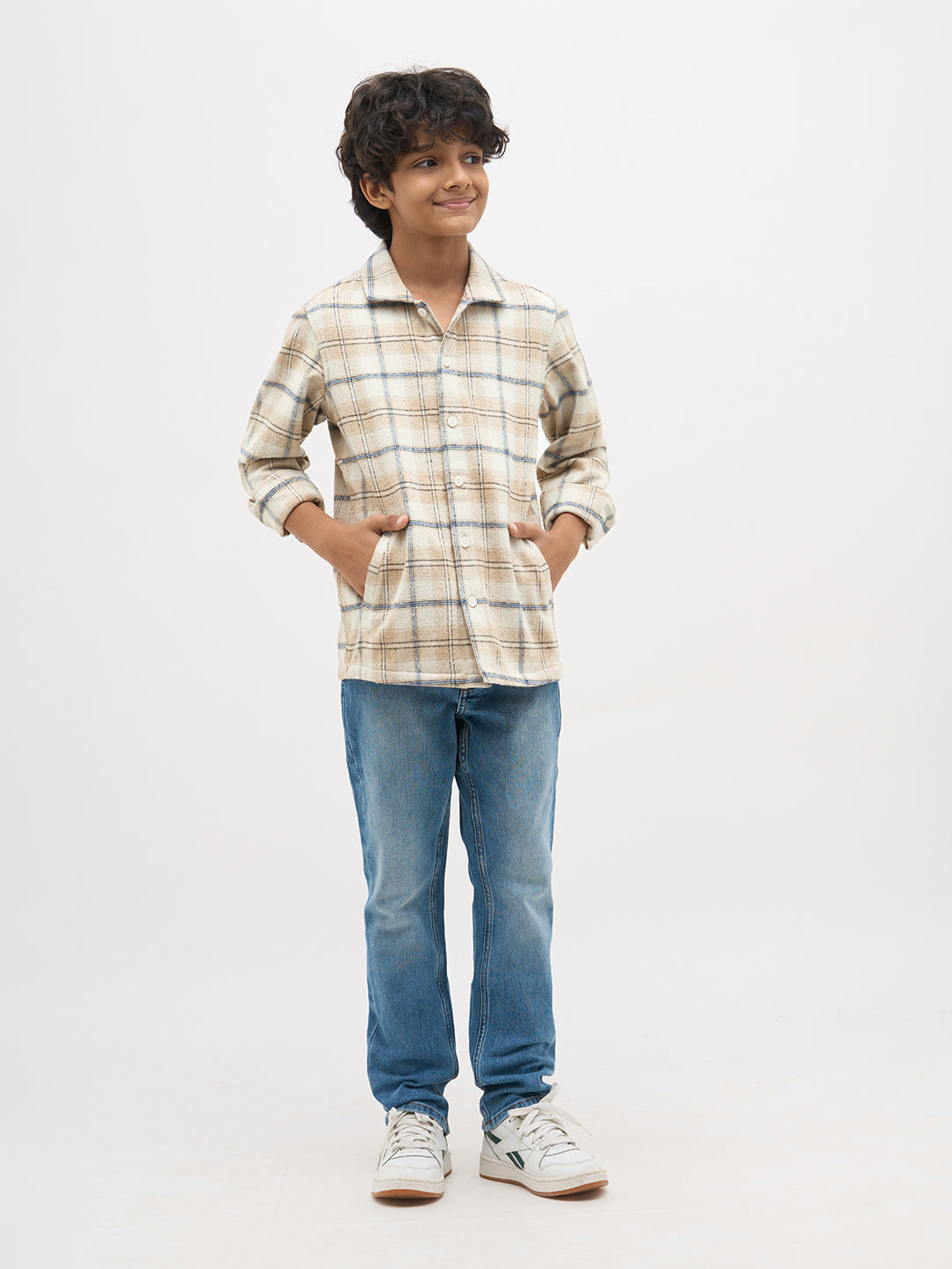 Boys Cotton Checked Shacket Shirt In Beige With Long Sleeves
