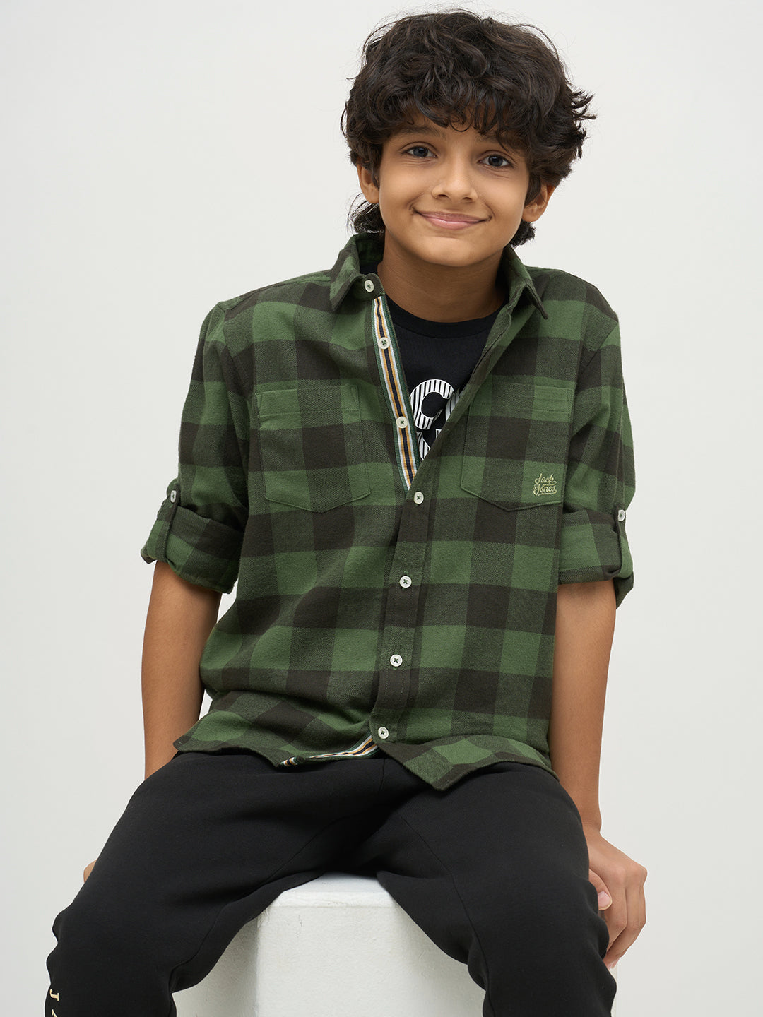 Boys Regular Fit Check Shirt - Green