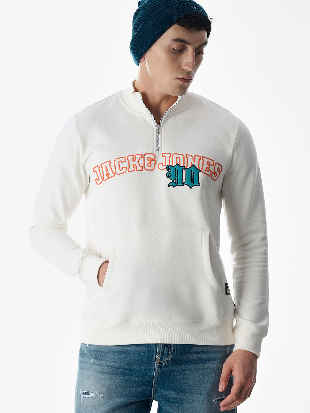 White Embroidered Print Sweatshirt