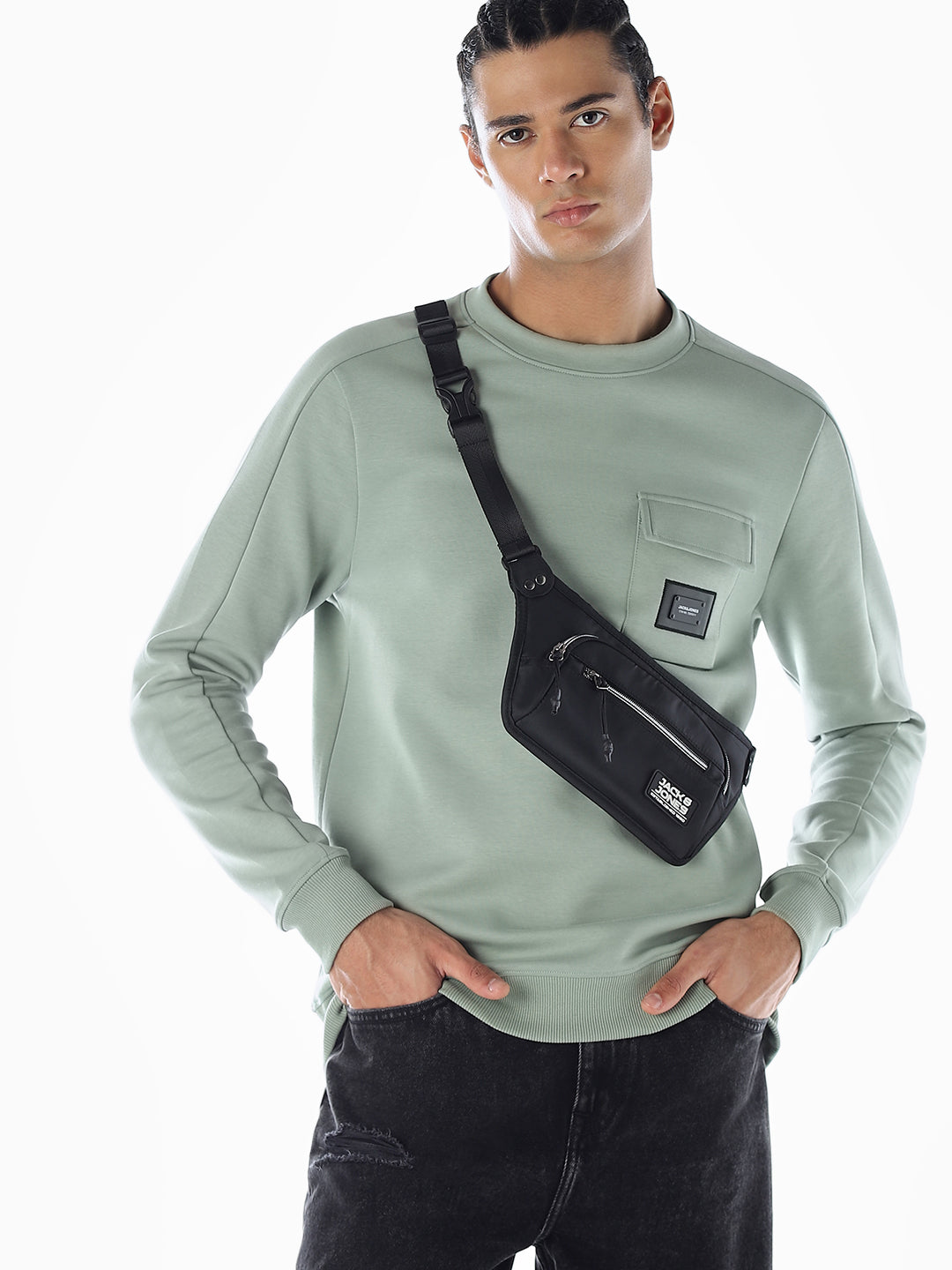 Crew Neck Pocket Detail Sweatshirt - S