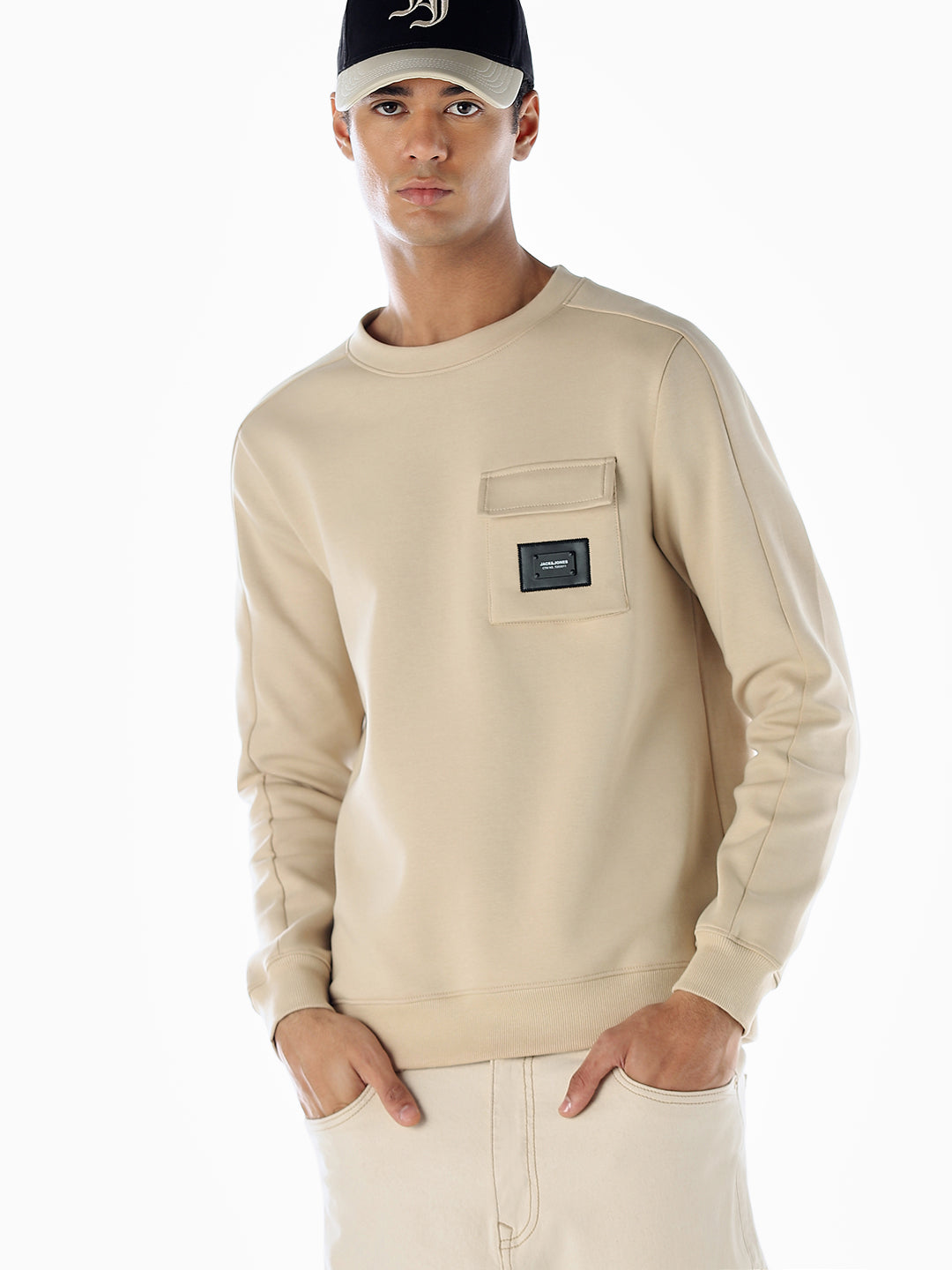Crew Neck Pocket Detail Sweatshirt - Beige - S