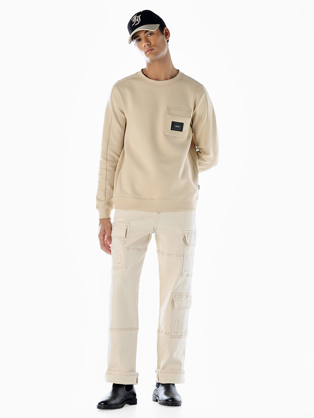 Crew Neck Pocket Detail Sweatshirt - Beige