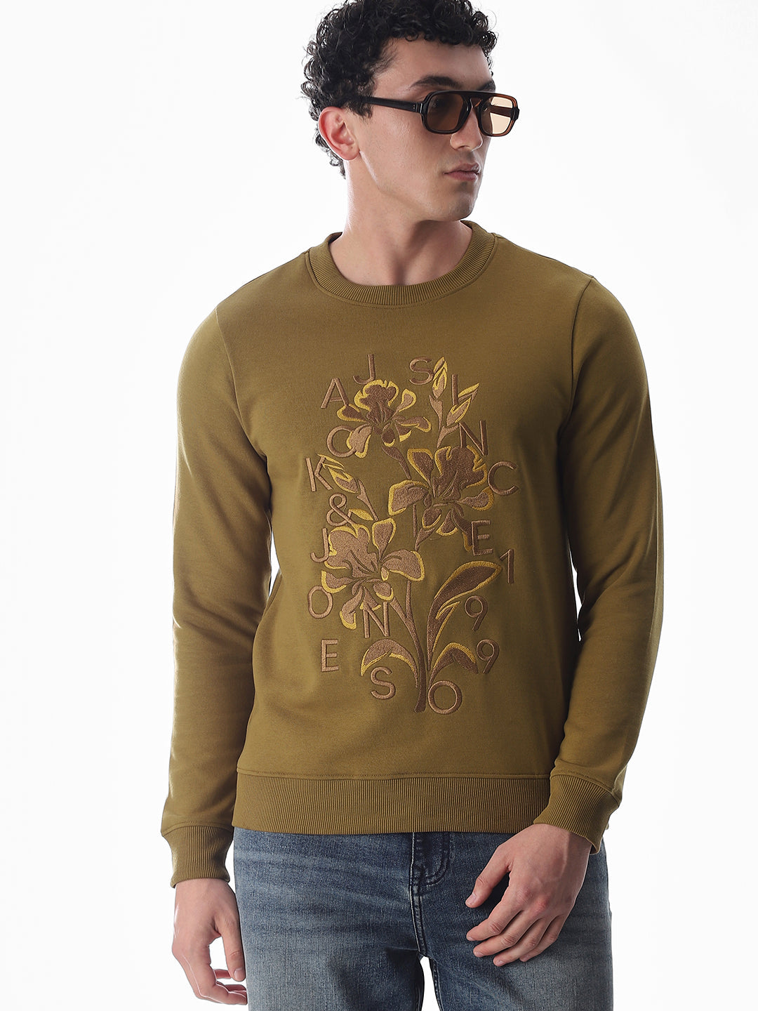 Embroidered Print Sweatshirt - Brown