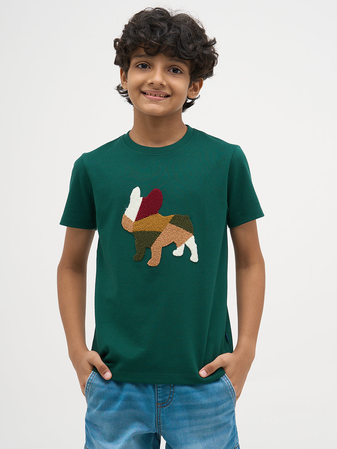 Green Embroidered Dog Print T-Shirt