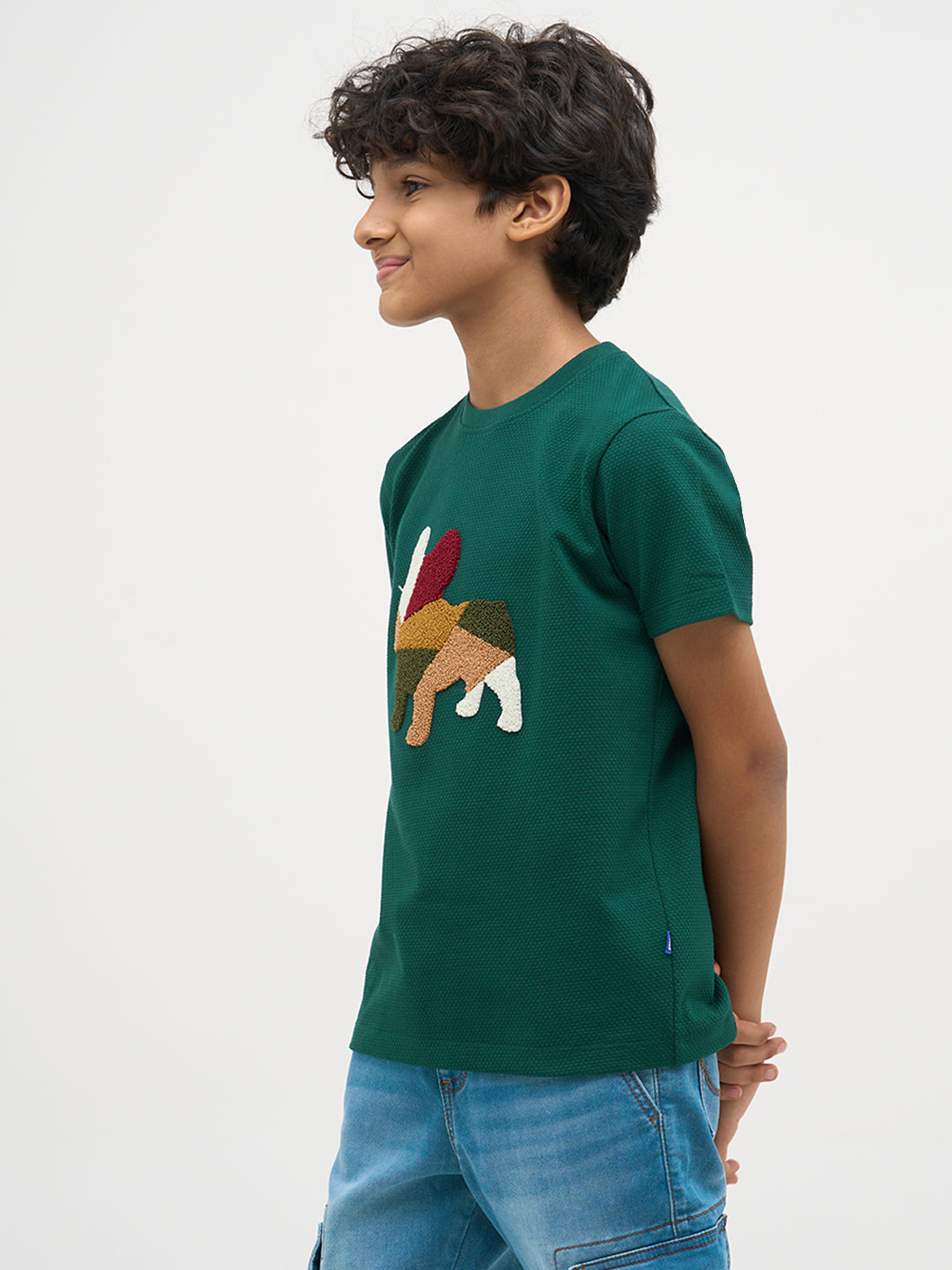 Green Embroidered Dog Print T-Shirt
