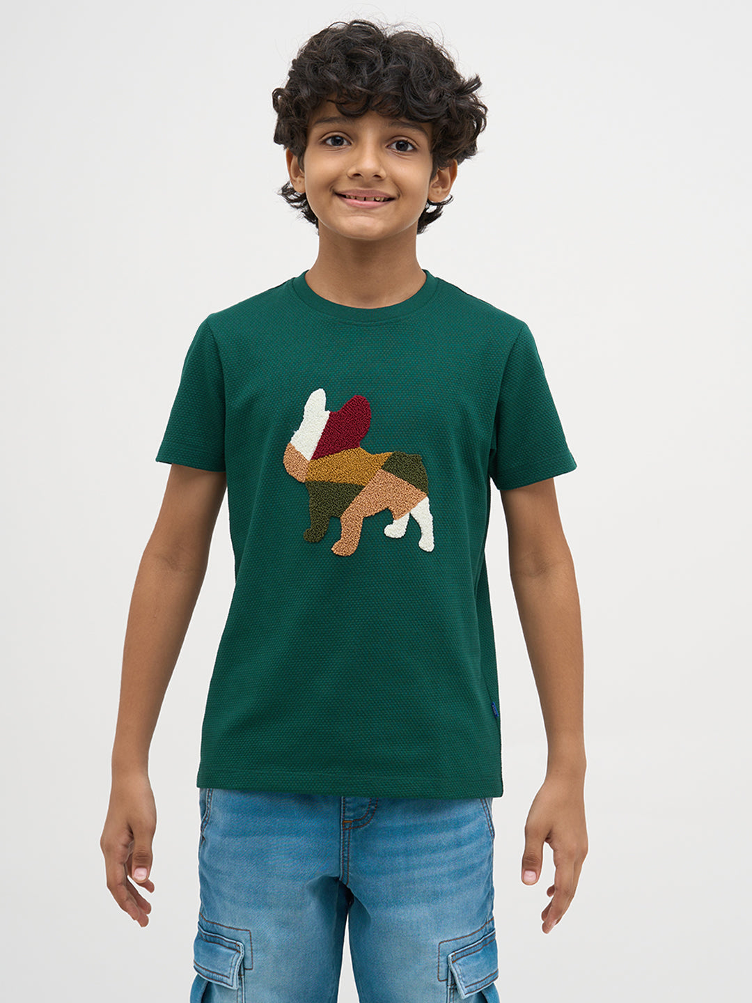 Green Embroidered Dog Print T-Shirt