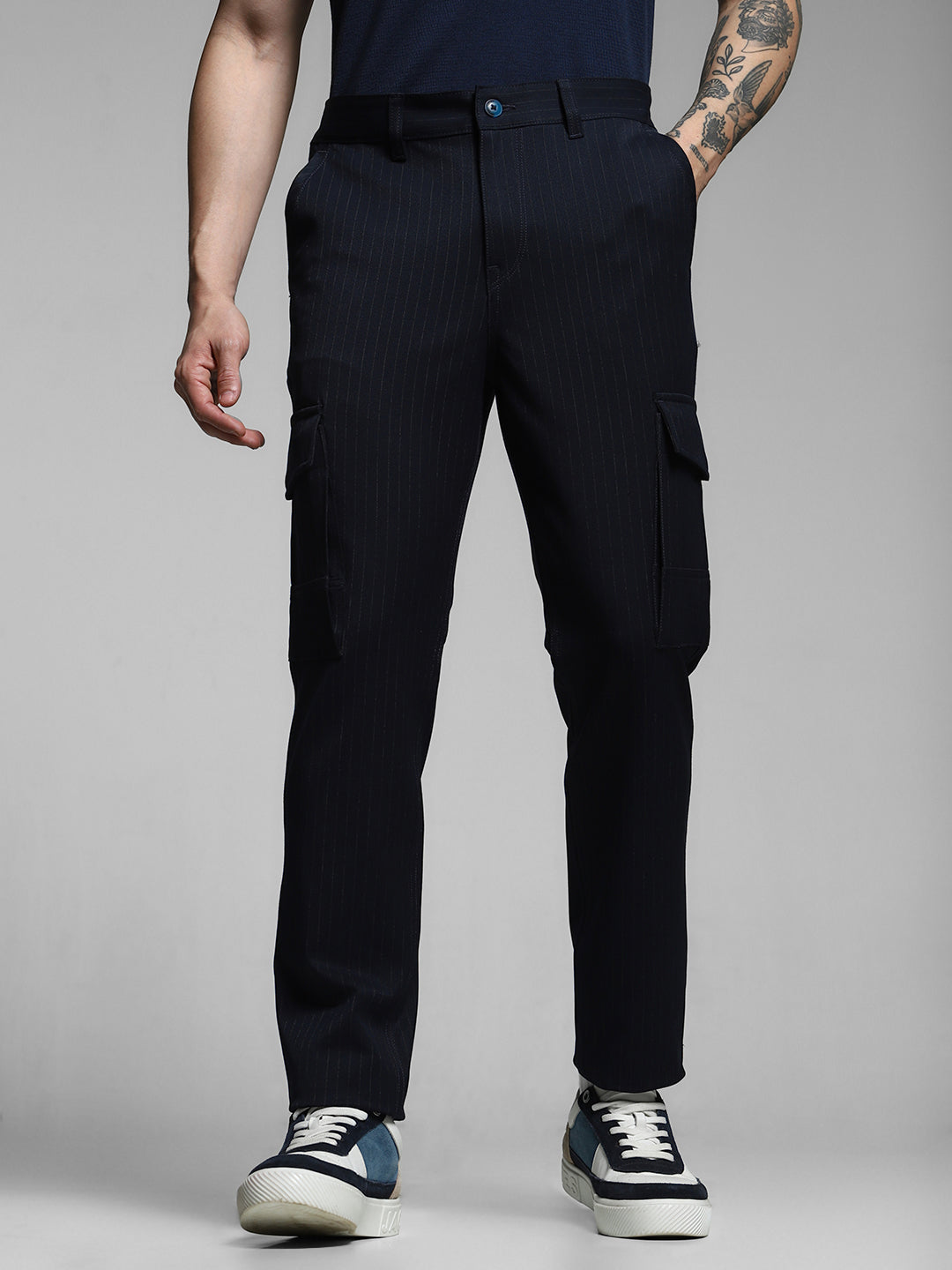 Men's Navy Blue Pinstripe Anti Fit Cargo Pants With 6 Pockets - 30/30