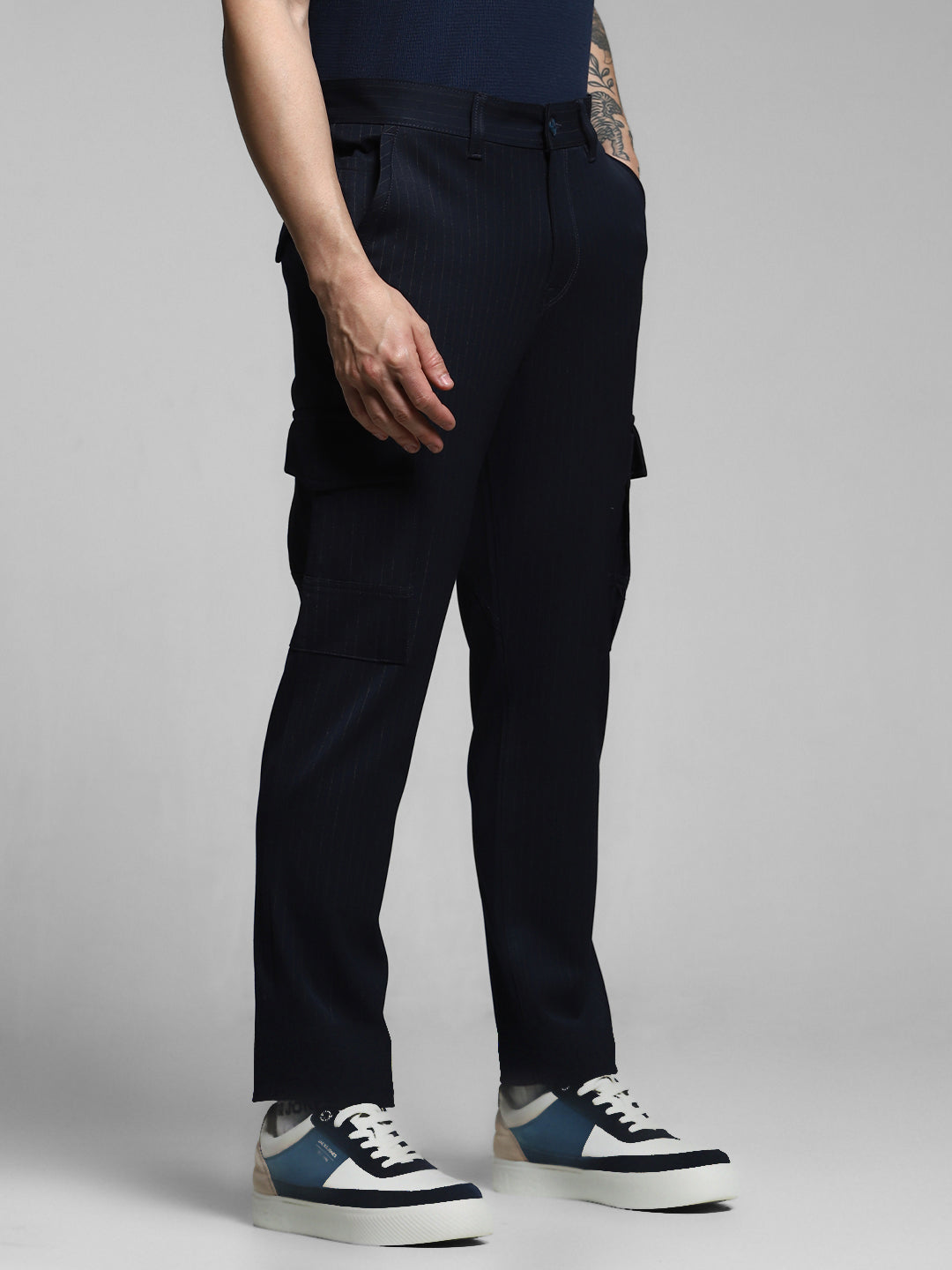 Men's Navy Blue Pinstripe Anti Fit Cargo Pants With 6 Pockets