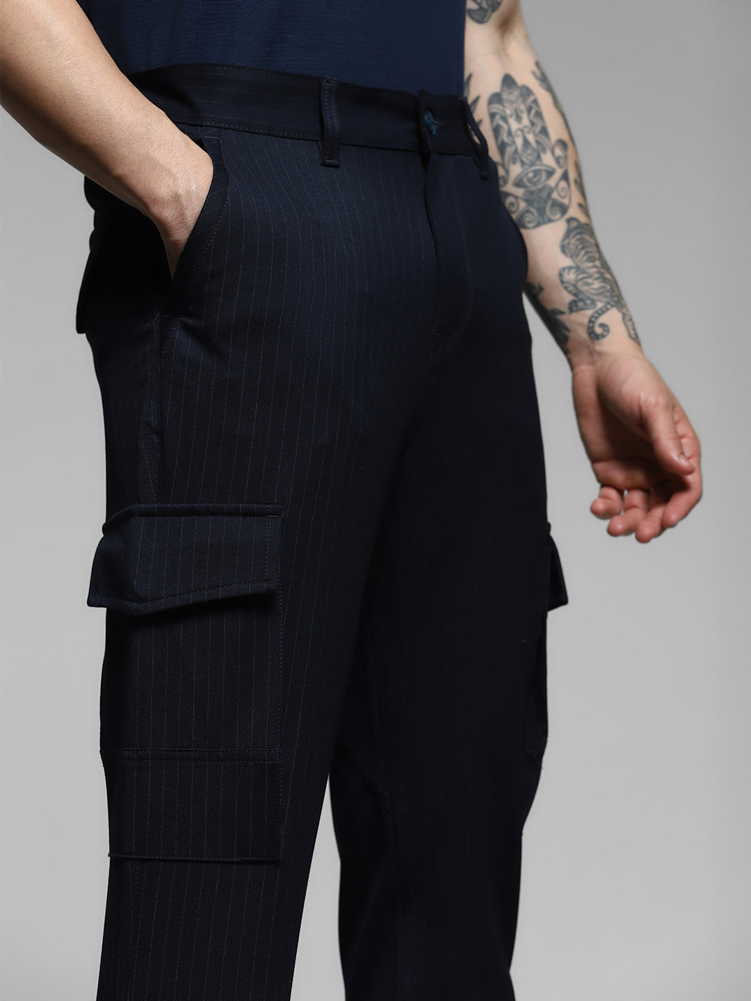 Men's Navy Blue Pinstripe Anti Fit Cargo Pants With 6 Pockets
