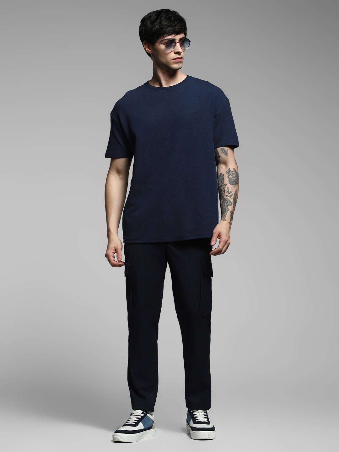 Men's Navy Blue Pinstripe Anti Fit Cargo Pants With 6 Pockets