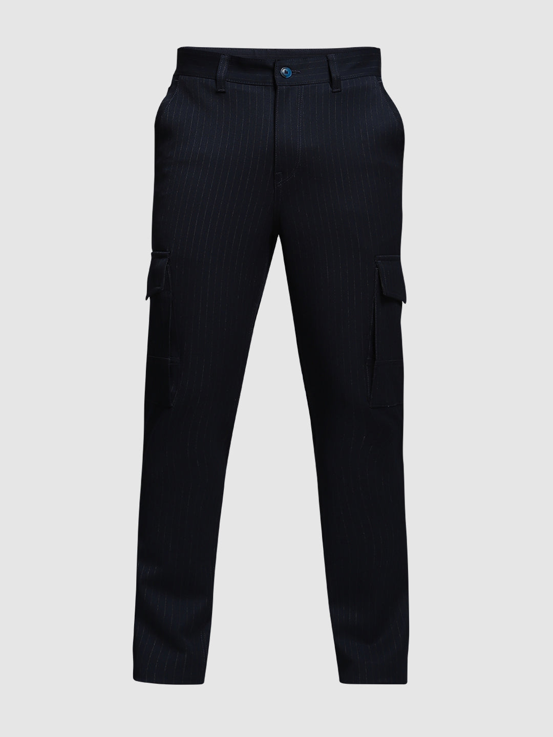 Men's Navy Blue Pinstripe Anti Fit Cargo Pants With 6 Pockets
