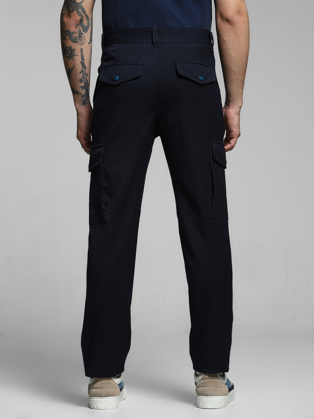 Men's Navy Blue Pinstripe Anti Fit Cargo Pants With 6 Pockets