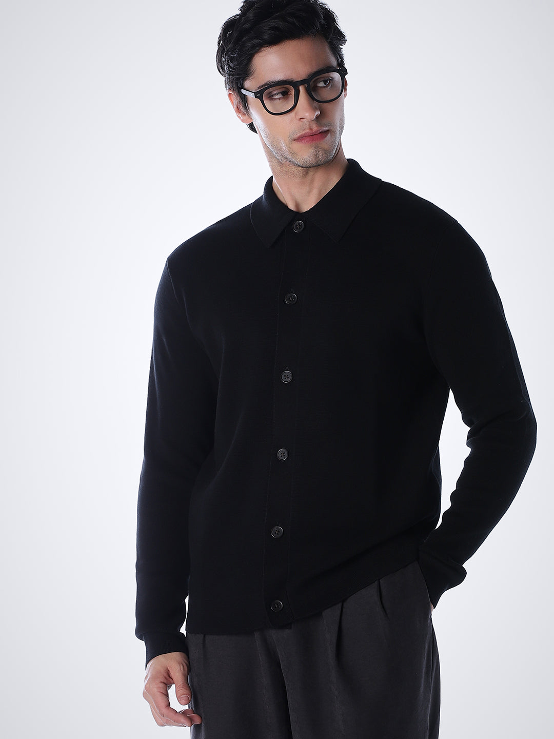 Black Flat Knit Cotton Cardigan