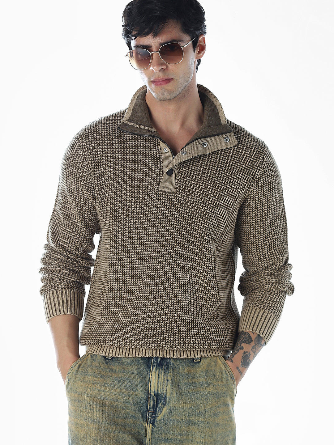 High-Neck Flat Knit - Brown - M