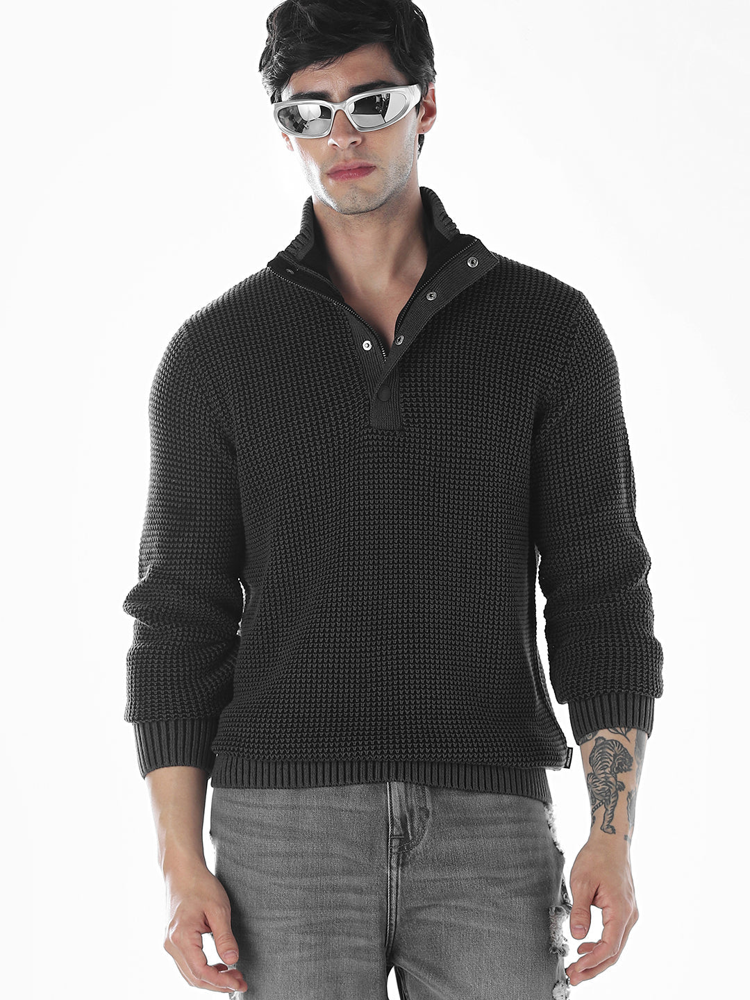 High-Neck Flat Knit - Black - XL