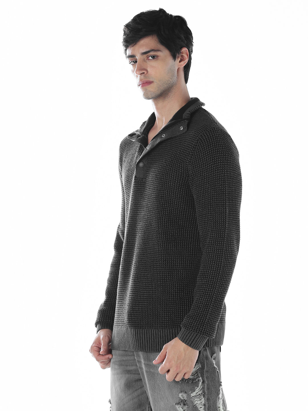 High-Neck Flat Knit  - Black