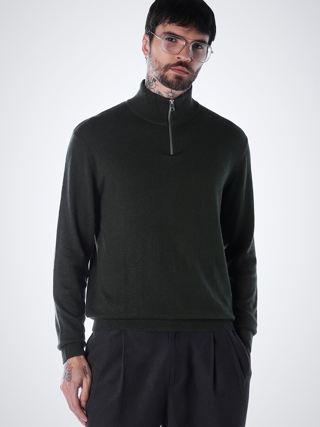 Zip-Up High Neck Flat Knit - Green - S