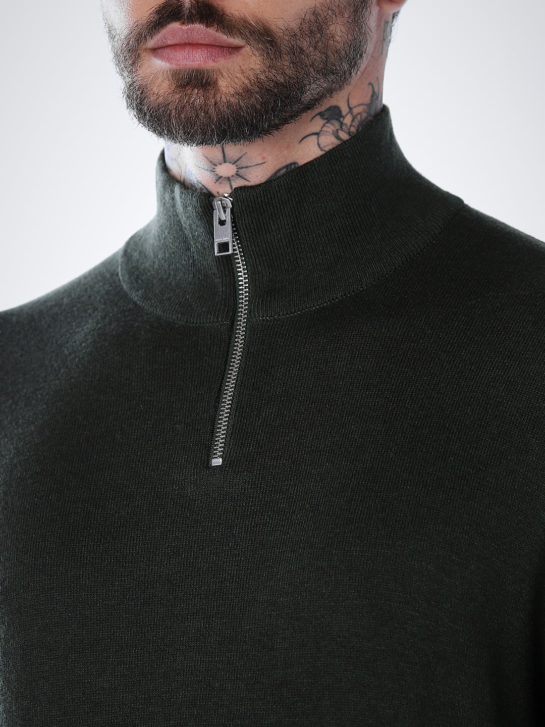 Zip-Up High Neck Flat Knit - Green