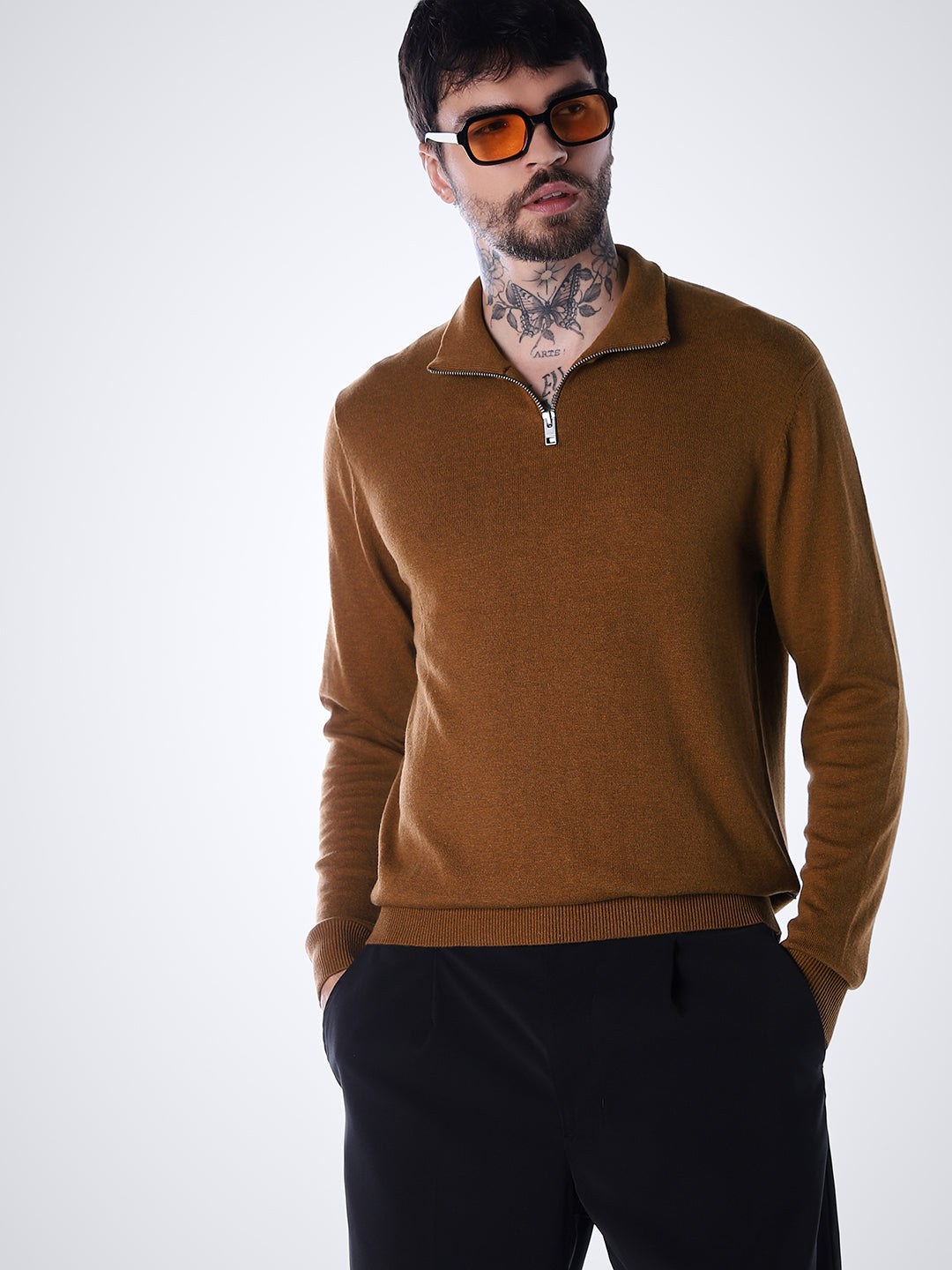 Zip-Up High Neck Flat Knit - Brown - S