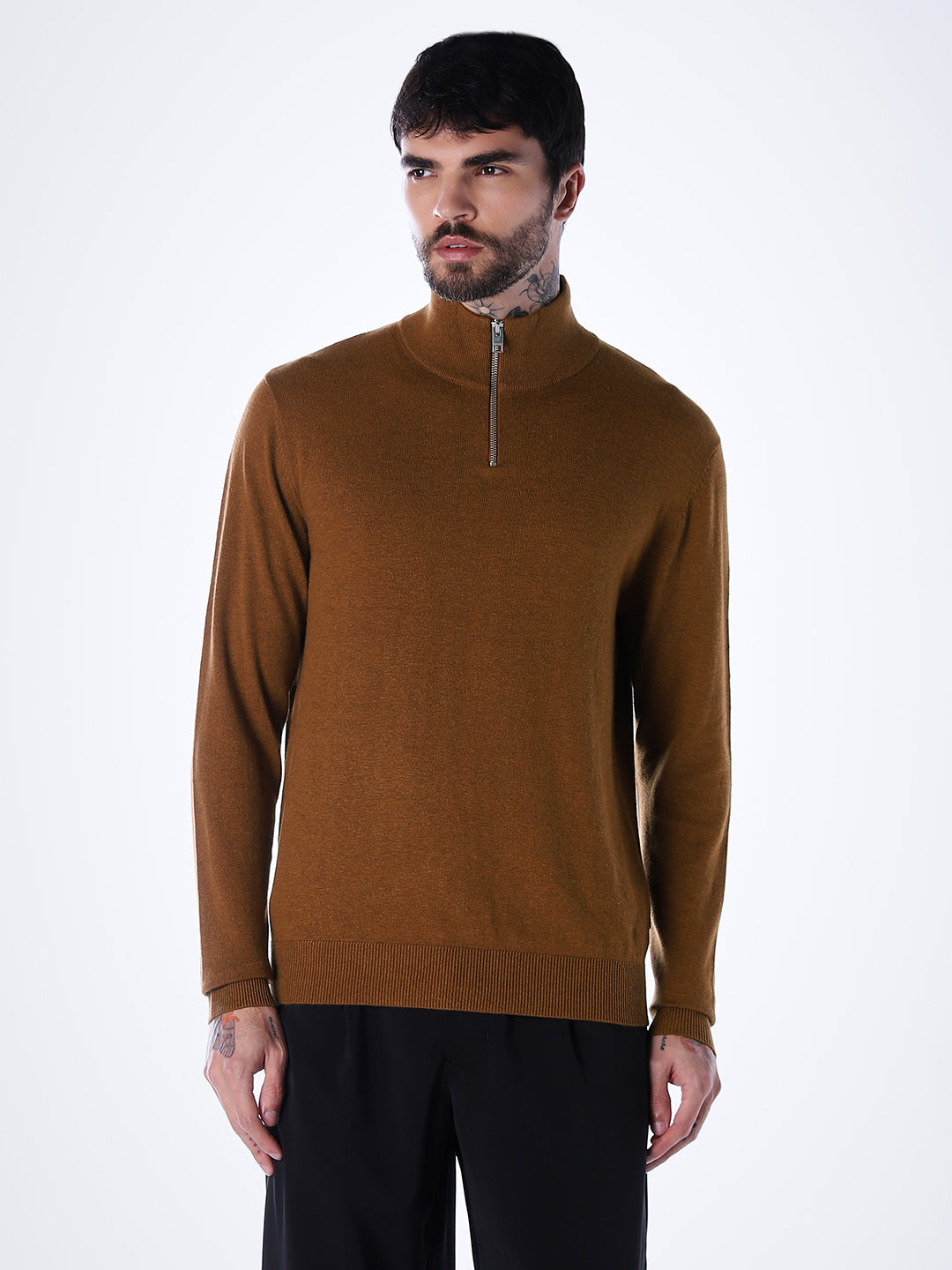 Zip-Up High Neck Flat Knit - Brown