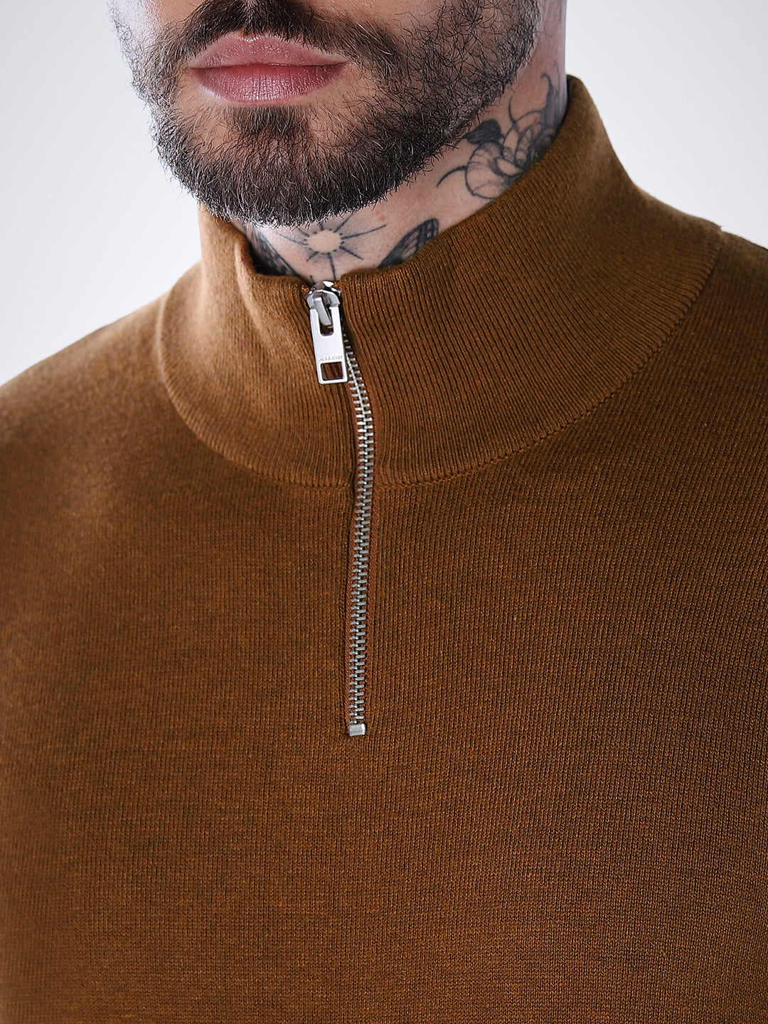 Zip-Up High Neck Flat Knit - Brown