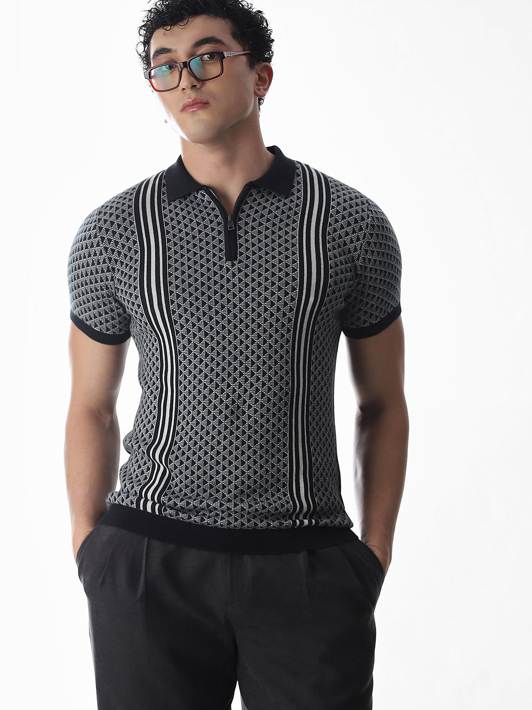 Zipper Detailing Flat Knit Polo - S