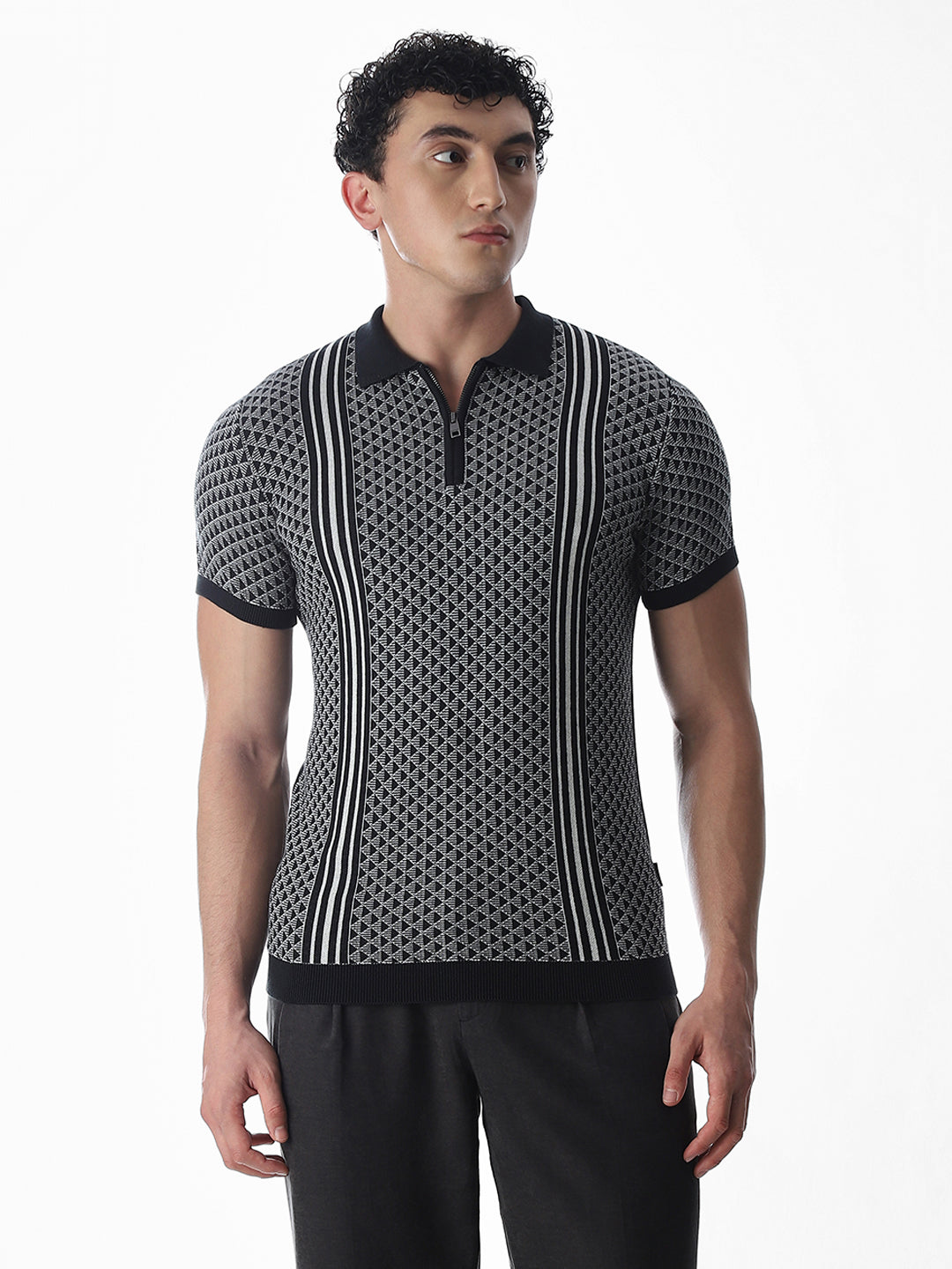 Zipper Detailing Flat Knit Polo