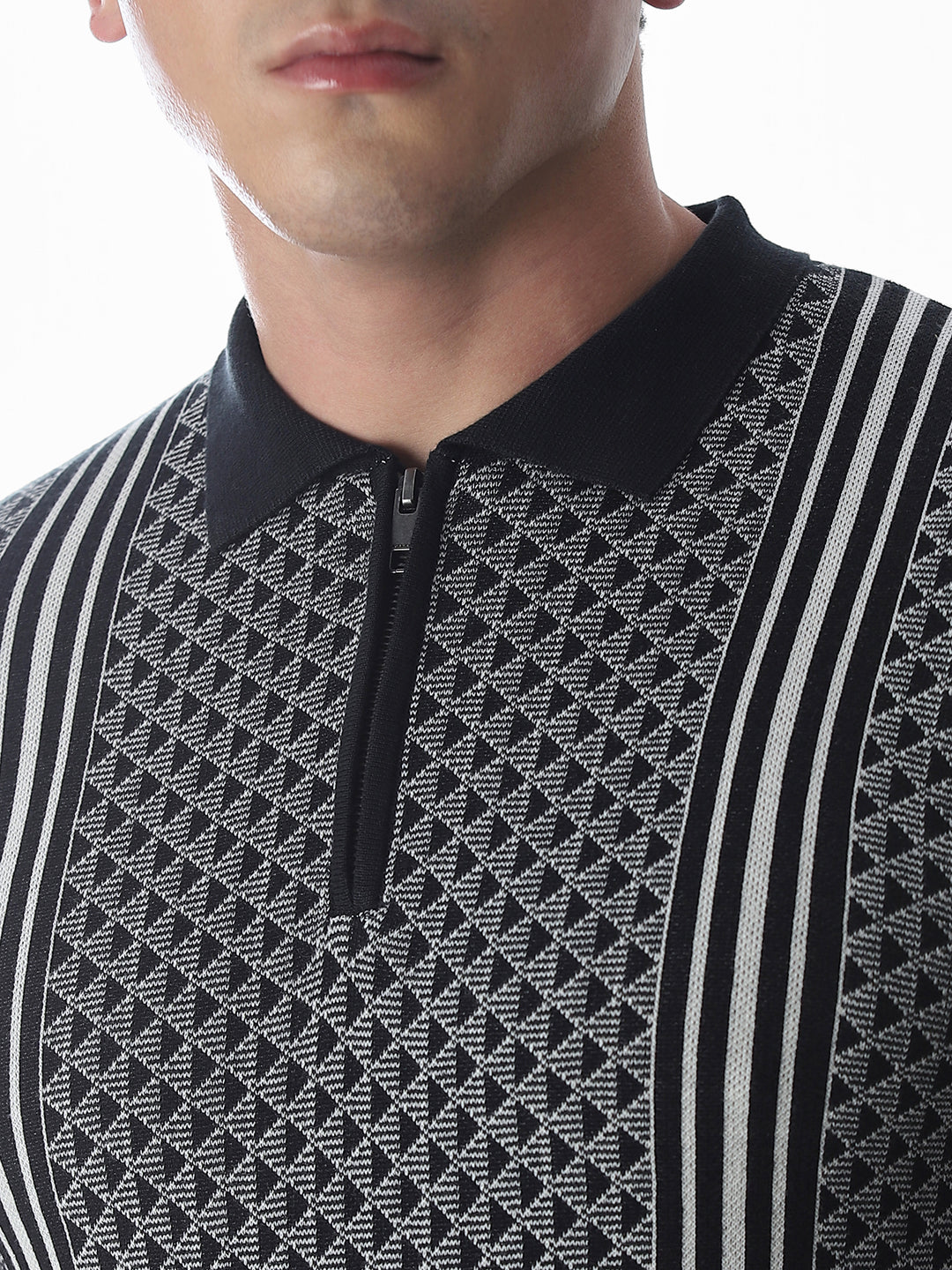 Zipper Detailing Flat Knit Polo