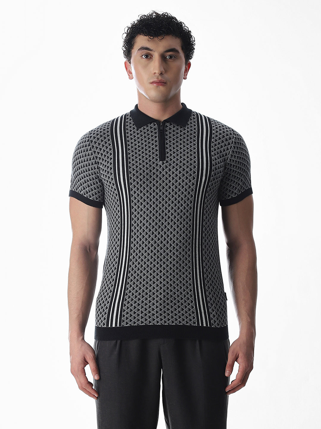 Zipper Detailing Flat Knit Polo