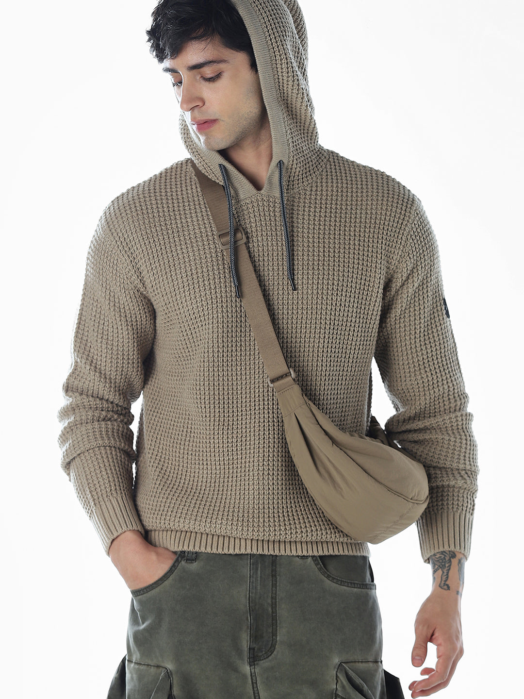 Textured Oversized Hooded Pullover - S