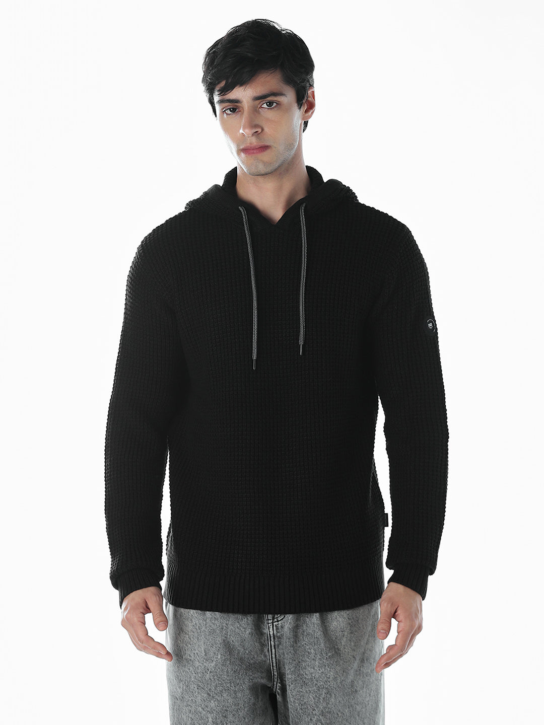 Textured Oversized Hooded Pullover - Black