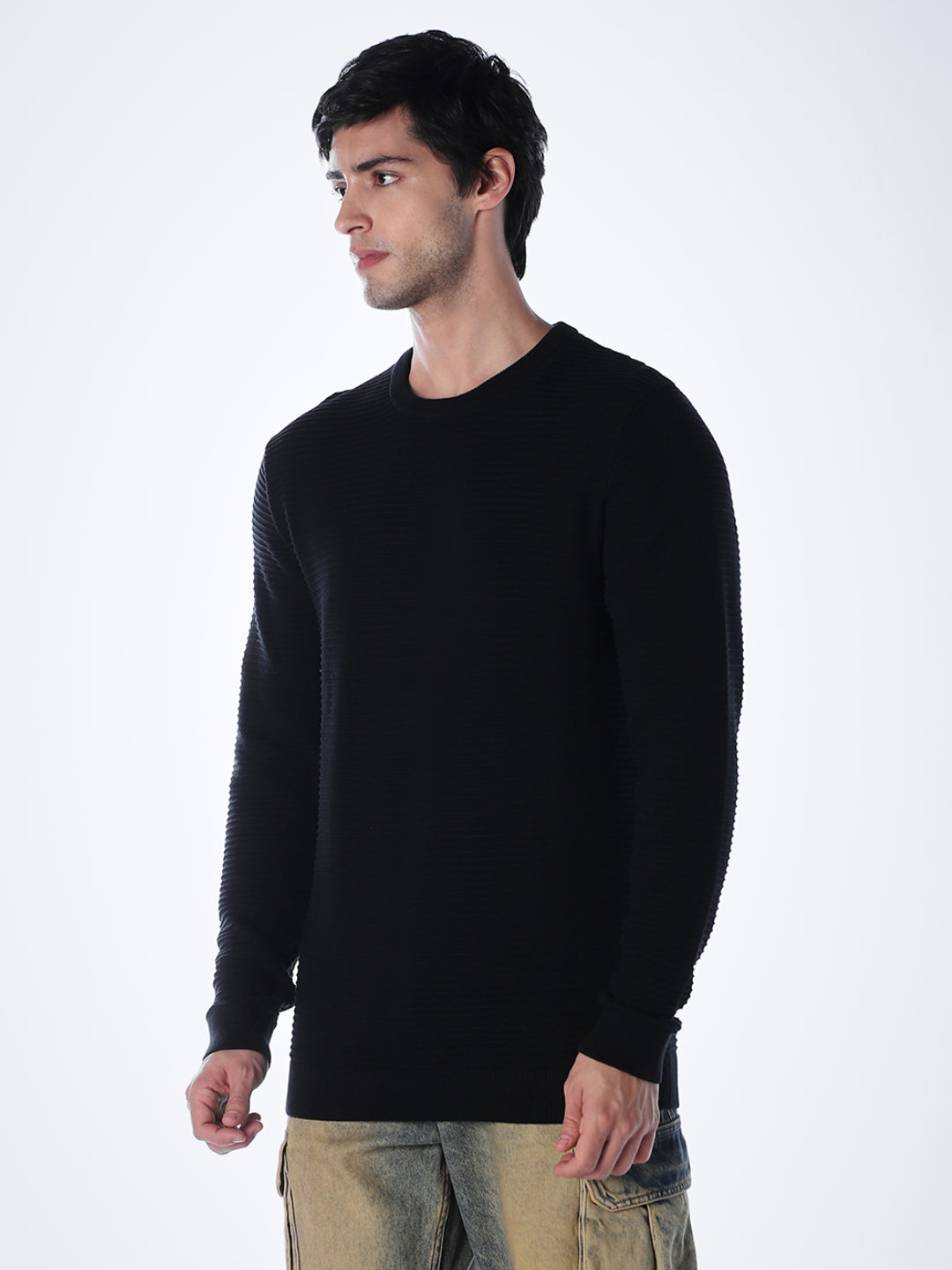 Black Cotton Flat Knit Pullover