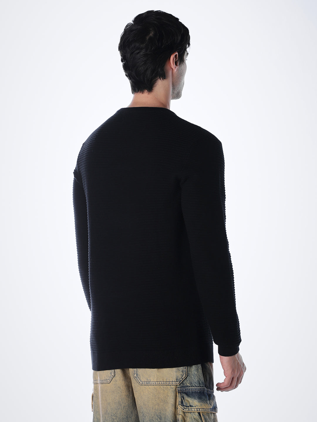 Black Cotton Flat Knit Pullover