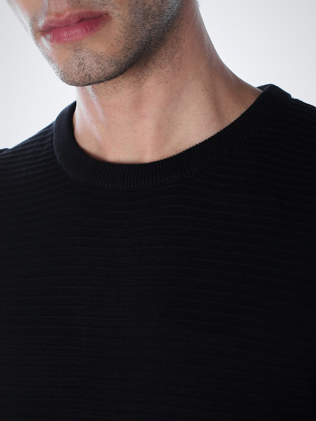 Black Cotton Flat Knit Pullover