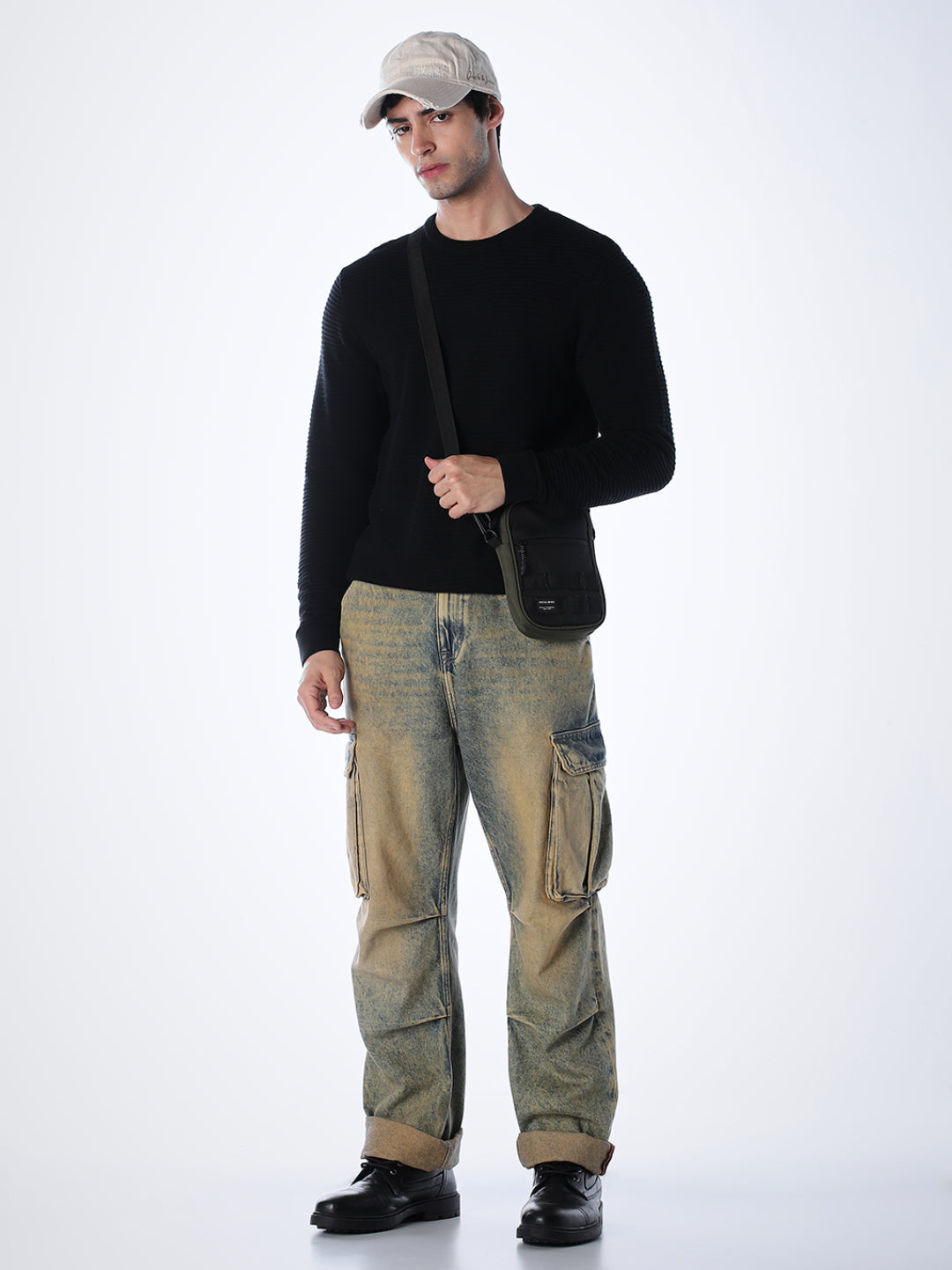 Black Cotton Flat Knit Pullover