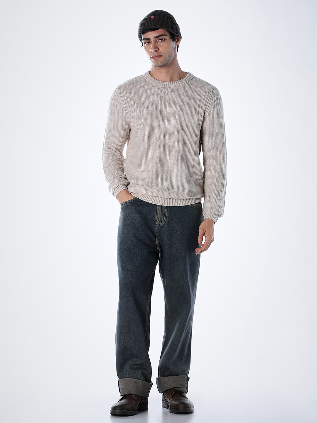 Grey Cotton Flat Knit Pullover